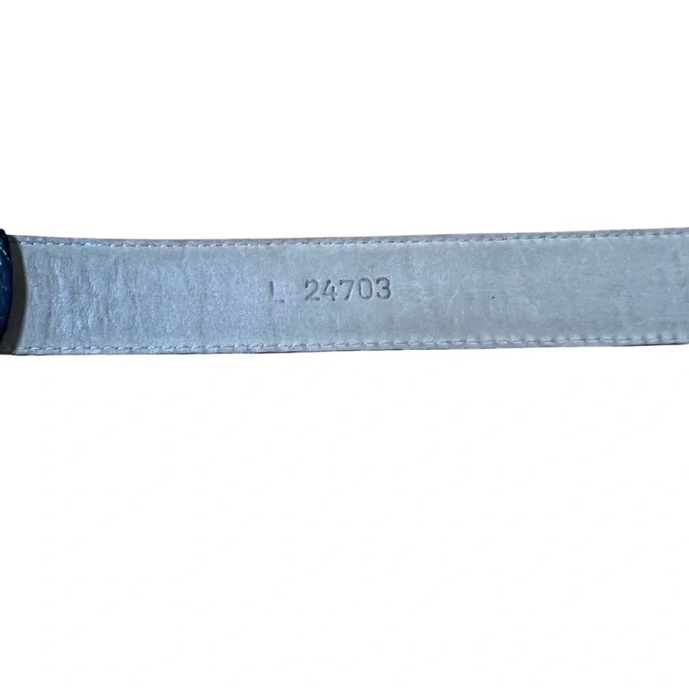 Leather Mock Croc Embossed Black Belt with Silvertone Etched Buckle SZ L